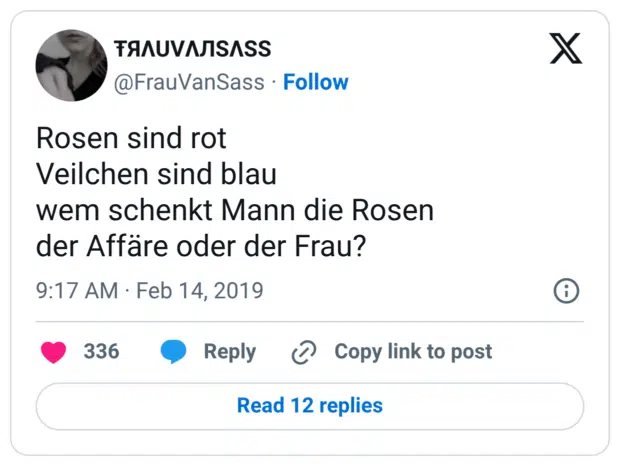 Rosen sind rot Veilchen sind blau wem schenkt Mann die Rosen der Affäre oder der Frau?