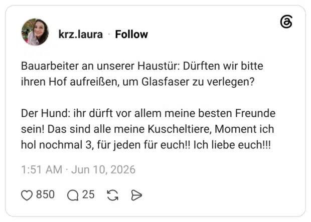 Bauarbeiter an unserer Haustür: Dürften wir bitte ihren Hof aufreißen, um Glasfaser zu verlegen? Der Hund: ihr dürft vor allem meine besten Freunde sein! Das sind alle meine Kuscheltiere, Moment ich hol nochmal 3, für jeden für euch!! Ich liebe euch!!!