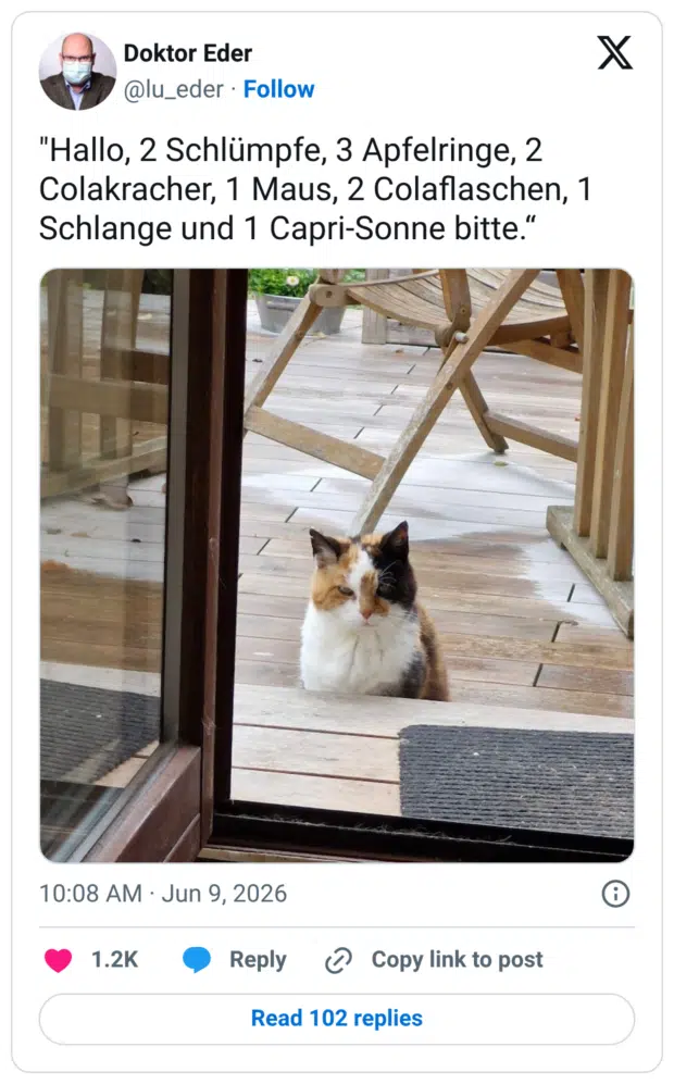 "Hallo, 2 Schlümpfe, 3 Apfelringe, 2 Colakracher, 1 Maus, 2 Colaflaschen, 1 Schlange und 1 Capri-Sonne bitte.“