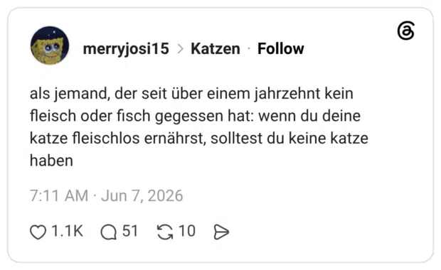 als jemand, der seit über einem jahrzehnt kein fleisch oder fisch gegessen hat: wenn du deine katze fleischlos ernährst, solltest du keine katze haben