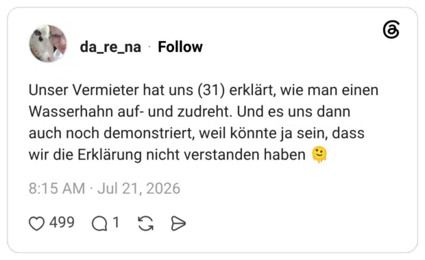 Unser Vermieter hat uns (31) erklärt, wie man einen Wasserhahn auf- und zudreht. Und es uns dann auch noch demonstriert, weil könnte ja sein, dass wir die Erklärung nicht verstanden haben 🫠
