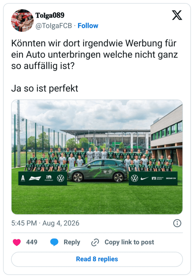 nnten wir dort irgendwie Werbung für ein Auto unterbringen welche nicht ganz so auffällig ist