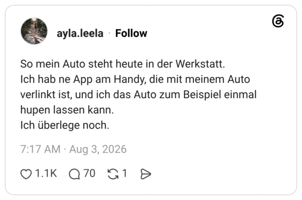 So mein Auto steht heute in der Werkstatt. Ich hab ne App am Handy, die mit meinem Auto verlinkt ist, und ich das Auto zum Beispiel einmal hupen lassen kann. Ich überlege noch.
