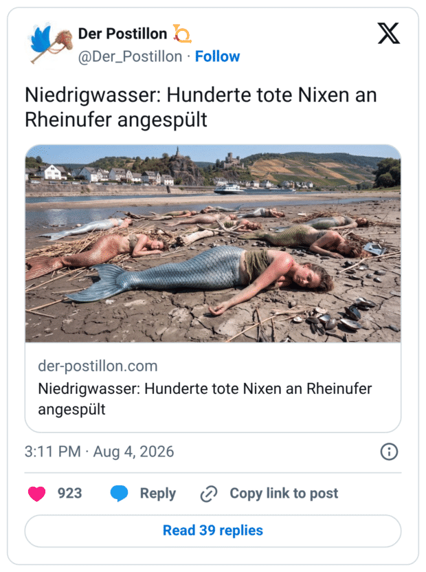 Niedrigwasser: Hunderte tote Nixen an Rheinufer angespült der-postillon.com Niedrigwasser: Hunderte tote Nixen an Rheinufer angespült