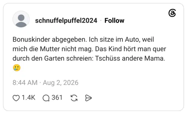 Bonuskinder abgegeben. Ich sitze im Auto, weil mich die Mutter nicht mag. Das Kind hört man quer durch den Garten schreien: Tschüss andere Mama.