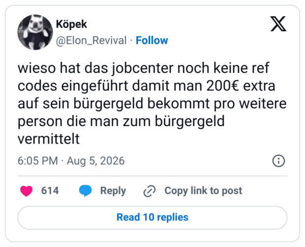 wieso hat das jobcenter noch keine ref codes eingeführt damit man 200€ extra auf sein bürgergeld bekommt pro weitere person die man zum bürgergeld vermittelt