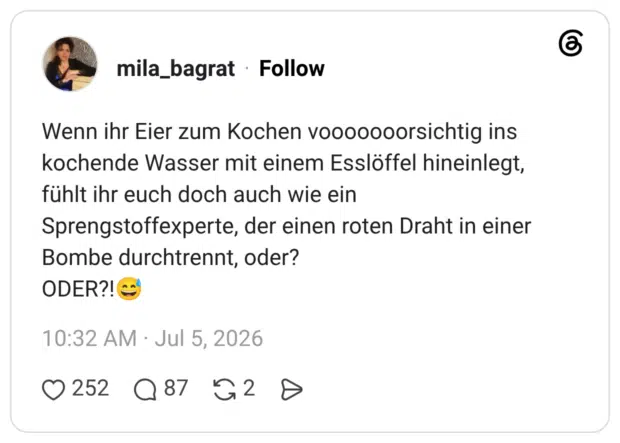 Wenn ihr Eier zum Kochen vooooooorsichtig ins kochende Wasser mit einem Esslöffel hineinlegt, fühlt ihr euch doch auch wie ein Sprengstoffexperte, der einen roten Draht in einer Bombe durchtrennt, oder? ODER?!😅