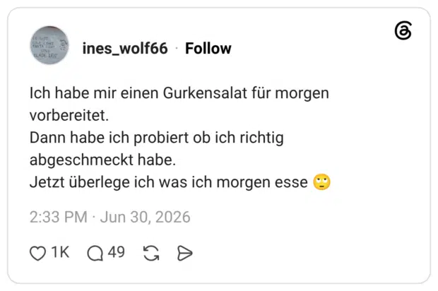 Ich habe mir einen Gurkensalat für morgen vorbereitet. Dann habe ich probiert ob ich richtig abgeschmeckt habe. Jetzt überlege ich was ich morgen esse 🙄