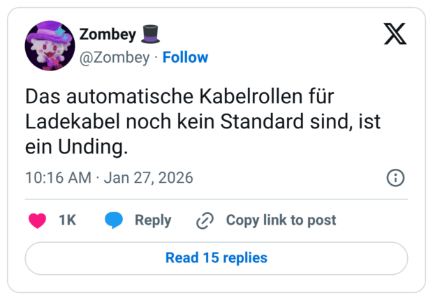 Das automatische Kabelrollen für Ladekabel noch kein Standard sind, ist ein Unding.