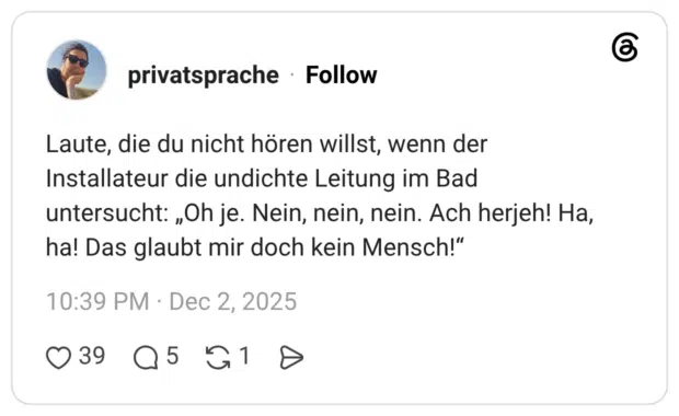 Laute, die du nicht hören willst, wenn der Installateur die undichte Leitung im Bad untersucht: „Oh je. Nein, nein, nein. Ach herjeh! Ha, ha! Das glaubt mir doch kein Mensch!“