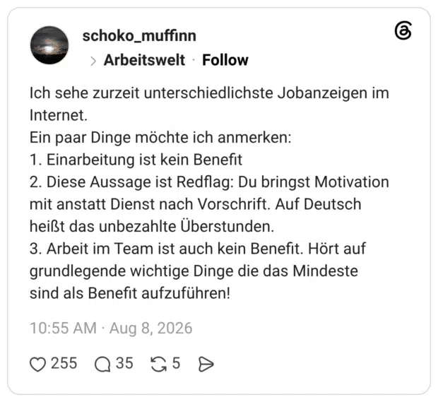 Ich sehe zurzeit unterschiedlichste Jobanzeigen im Internet. Ein paar Dinge möchte ich anmerken: 1. Einarbeitung ist kein Benefit 2. Diese Aussage ist Redflag: Du bringst Motivation mit anstatt Dienst nach Vorschrift. Auf Deutsch heißt das unbezahlte Überstunden. 3. Arbeit im Team ist auch kein Benefit. Hört auf grundlegende wichtige Dinge die das Mindeste sind als Benefit aufzuführen!