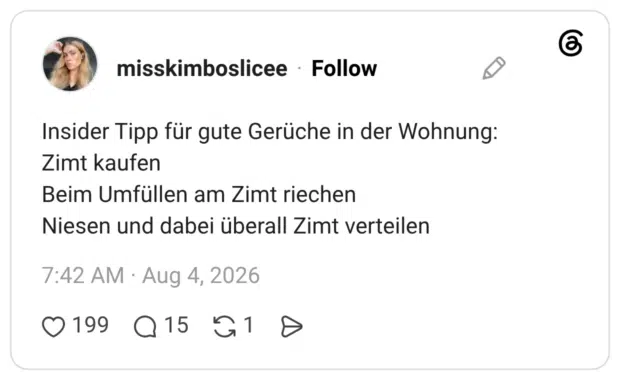 Tipp für gute Gerüche in der Wohnung: Zimt kaufen Beim Umfüllen am Zimt riechen Niesen und dabei überall Zimt verteilen
