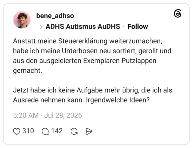 Anstatt meine Steuererklärung weiterzumachen, habe ich meine Unterhosen neu sortiert, gerollt und aus den ausgeleierten Exemplaren Putzlappen gemacht.