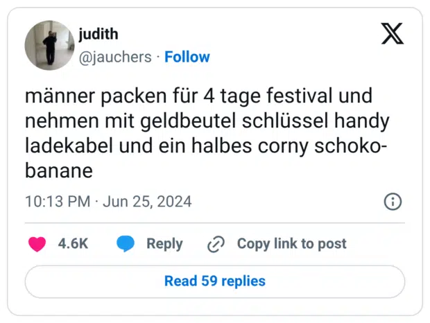 männer packen für 4 tage festival und nehmen mit geldbeutel schlüssel handy ladekabel und ein halbes corny schoko-banane