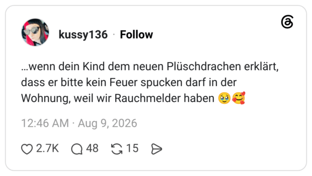 ...wenn dein Kind dem neuen Plüschdrachen erklärt, dass er bitte kein Feuer spucken darf in der Wohnung, weil wir Rauchmelder haben