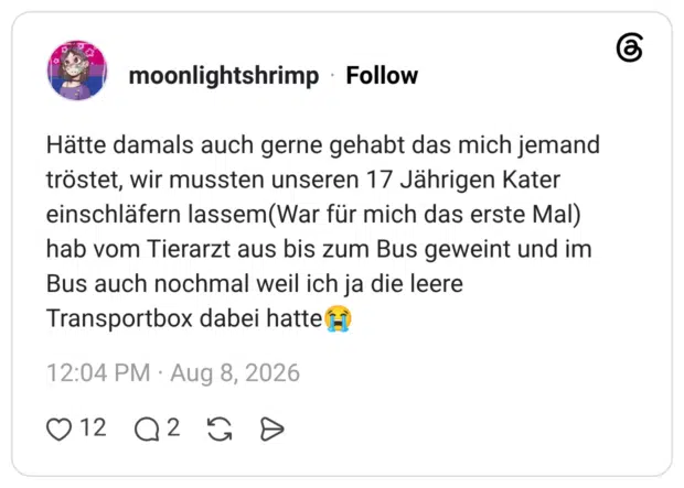 Hätte damals auch gerne gehabt das mich jemand tröstet, wir mussten unseren 17 Jährigen Kater einschläfern lassem(War für mich das erste Mal) hab vom Tierarzt aus bis zum Bus geweint und im Bus auch nochmal weil ich ja die leere Transportbox dabei hatte😭