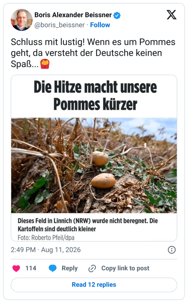 Schluss mit lustig! Wenn es um Pommes geht, da versteht der Deutsche keinen Spaß... Die Hitze macht unsere Pommes kürzer