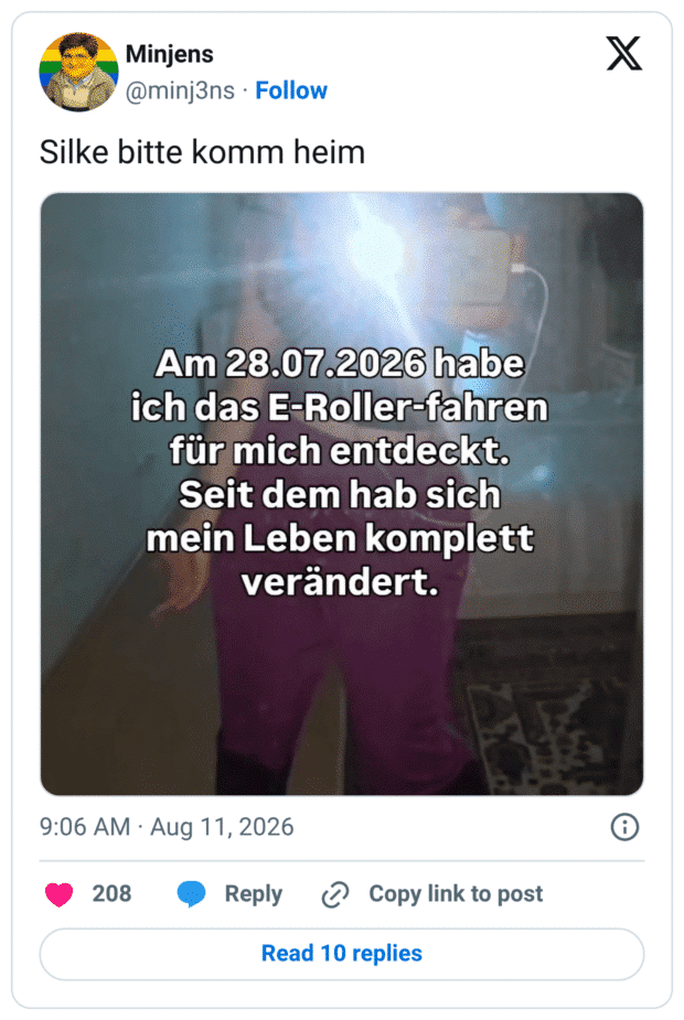 Am 28.07.2026 habe ich das E-Roller-fahren für mich entdeckt. Seit dem hab sich mein Leben komplett