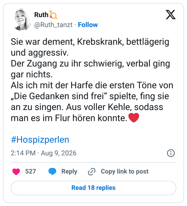 Sie war dement, Krebskrank, bettlägerig und aggressiv. Der Zugang zu ihr schwierig, verbal ging gar nichts. Als ich mit der Harfe die ersten Töne von „Die Gedanken sind frei“ spielte, fing sie an zu singen. Aus voller Kehle, sodass man es im Flur hören konnte.❤️ #Hospizperlen