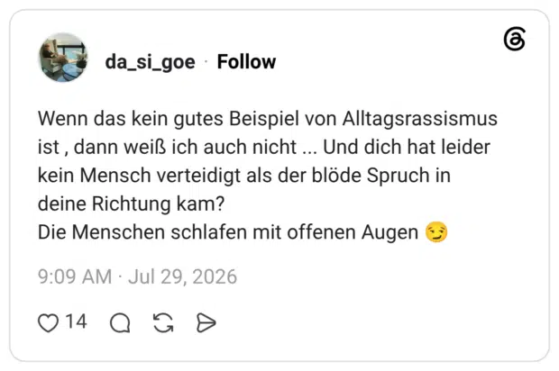 Wenn das kein gutes Beispiel von Alltagsrassismus ist, dann weiß ich auch nicht ... Und dich hat leider kein Mensch verteidigt als der blöde Spruch in deine Richtung kam? Die Menschen schlafen mit offenen Augen