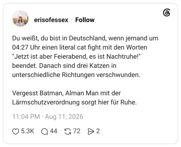 Du weißt, du bist in Deutschland, wenn jemand um 04:27 Uhr einen literal cat fight mit den Worten "Jetzt ist aber Feierabend, es ist Nachtruhe!" beendet. Danach sind drei Katzen in unterschiedliche Richtungen verschwunden. Vergesst Batman, Alman Man mit der Lärmschutzverordnung sorgt hier für Ruhe.