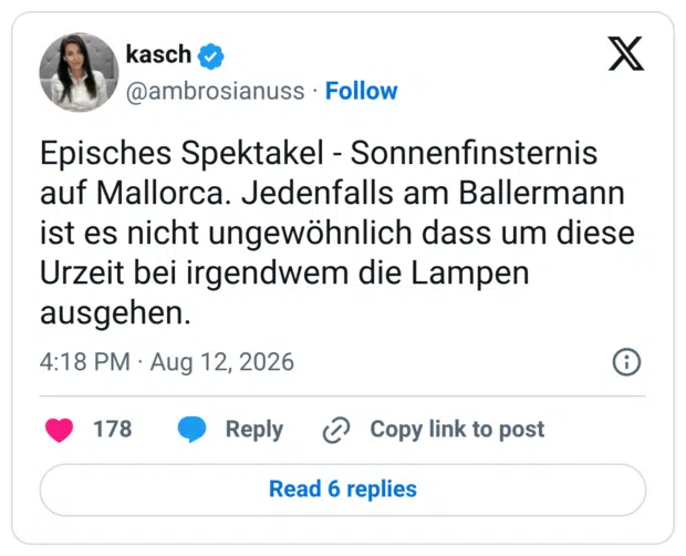 Episches Spektakel - Sonnenfinsternis auf Mallorca. Jedenfalls am Ballermann ist es nicht ungewöhnlich dass um diese Urzeit bei irgendwem die Lampen ausgehen.