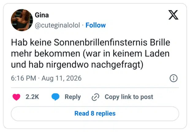 Hab keine Sonnenbrillenfinsternis Brille mehr bekommen (war in keinem Laden und hab nirgendwo nachgefragt)