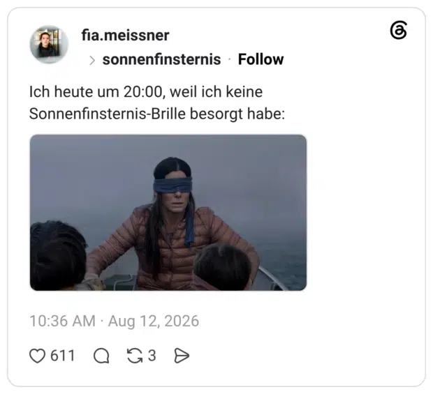 Ich heute um 20:00, weil ich keine Sonnenfinsternis-Brille besorgt habe: