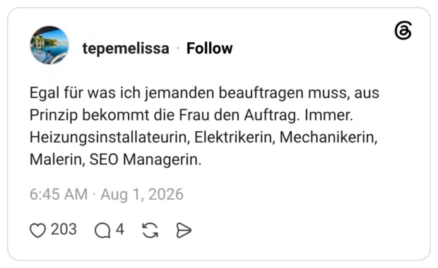 Egal für was ich jemanden beauftragen muss, aus Prinzip bekommt die Frau den Auftrag. Immer. Heizungsinstallateurin, Elektrikerin, Mechanikerin, Malerin, SEO Managerin.