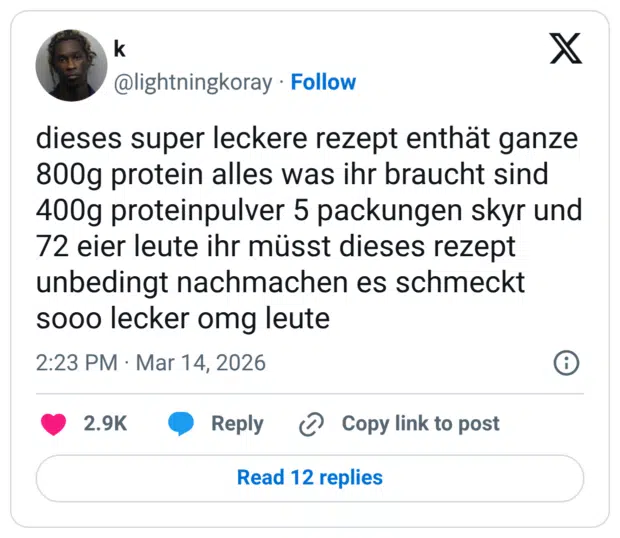 dieses super leckere rezept enthät ganze 800g protein alles was ihr braucht sind 400g proteinpulver 5 packungen skyr und 72 eier leute ihr müsst dieses rezept unbedingt nachmachen es schmeckt sooo lecker omg leute