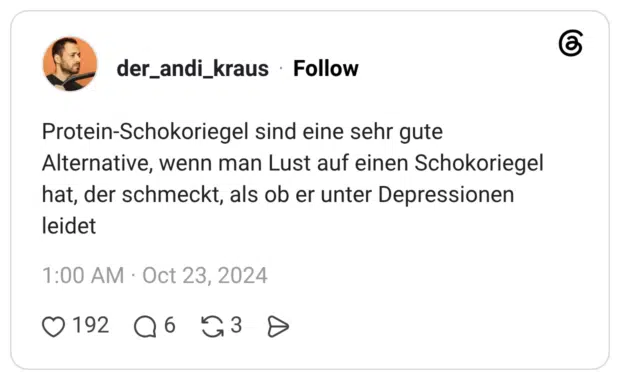 Protein-Schokoriegel sind eine sehr gute Alternative, wenn man Lust auf einen Schokoriegel hat, der schmeckt, als ob er unter Depressionen leidet