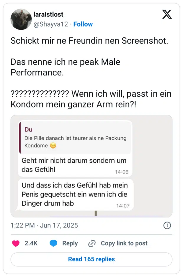Schickt mir ne Freundin nen Screenshot. Das nenne ich ne peak Male Performance. ?????????????? Wenn ich will, passt in ein Kondom mein ganzer Arm rein?!
