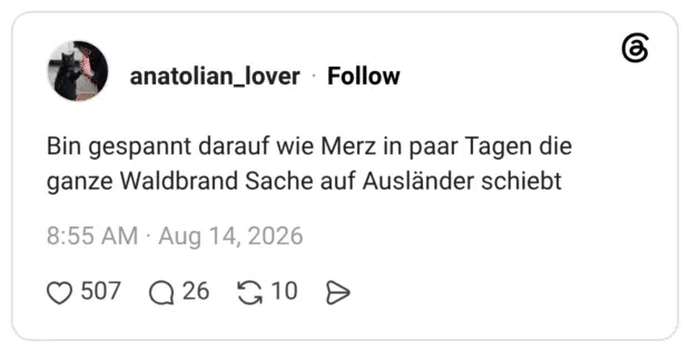 Bin gespannt darauf wie Merz in paar Tagen die ganze Waldbrand Sache auf Ausländer schiebt