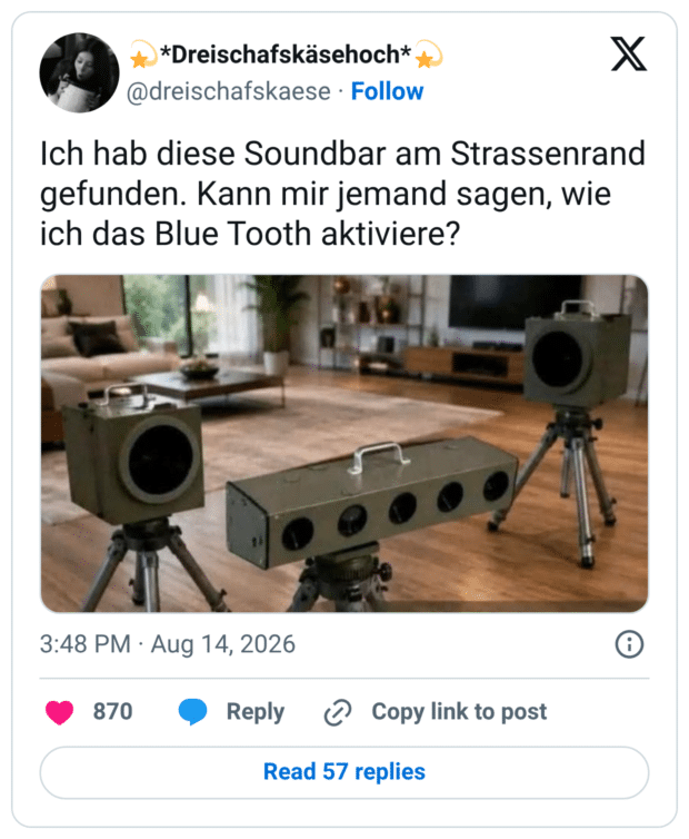 * *Dreischafskäsehoch* @dreischafskaese • Follow Ich hab diese Soundbar am Strassenrand gefunden. Kann mir jemand sagen, wie ich das Blue Tooth aktiviere