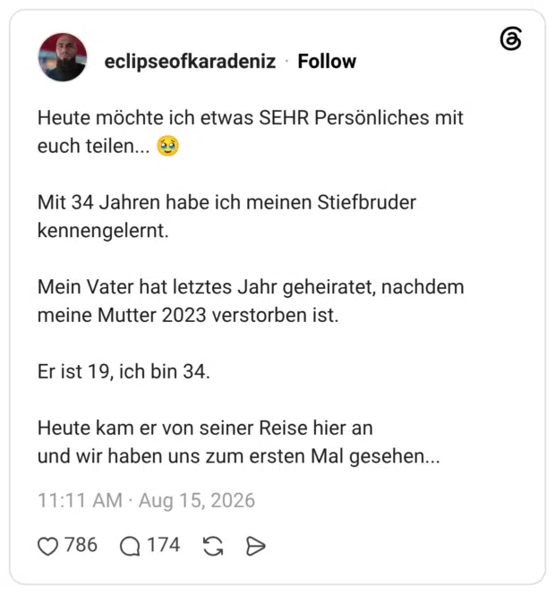 Heute möchte ich etwas SEHR Persönliches mit euch teilen... 🥹 Mit 34 Jahren habe ich meinen Stiefbruder kennengelernt. Mein Vater hat letztes Jahr geheiratet, nachdem meine Mutter 2023 verstorben ist. Er ist 19, ich bin 34. Heute kam er von seiner Reise hier an und wir haben uns zum ersten Mal gesehen... 1 / 2
