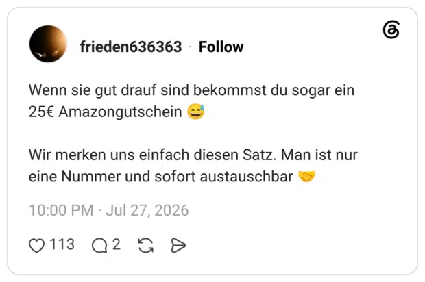 Wenn sie gut drauf sind bekommst du sogar ein 25€ Amazongutschein 😅 Wir merken uns einfach diesen Satz. Man ist nur eine Nummer und sofort austauschbar 🤝