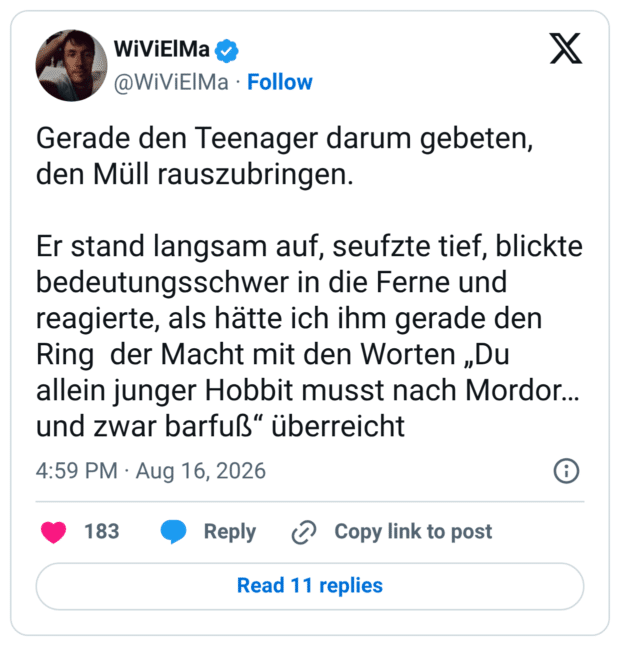 Gerade den Teenager darum gebeten, den Müll rauszubringen. Er stand langsam auf, seufzte tief, blickte bedeutungsschwer in die Ferne und reagierte, als hätte ich ihm gerade den Ring der Macht mit den Worten „Du allein junger Hobbit musst nach Mordor... und zwar barfuß" überreicht