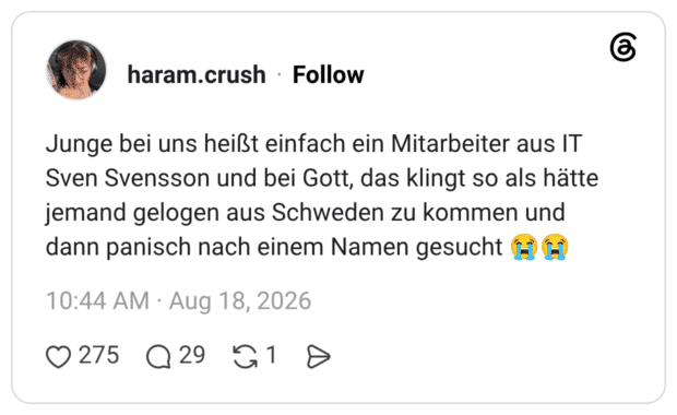 Junge bei uns heißt einfach ein Mitarbeiter aus IT Sven Svensson und bei Gott, das klingt so als hätte jemand gelogen aus Schweden zu kommen und dann panisch nach einem Namen gesucht