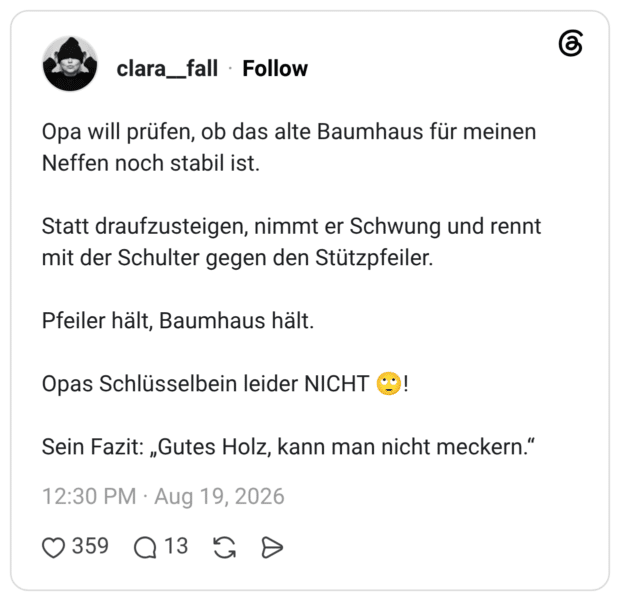 Opa will prüfen, ob das alte Baumhaus für meinen Neffen noch stabil ist. Statt draufzusteigen, nimmt er Schwung und rennt mit der Schulter gegen den Stützpfeiler. Pfeiler hält, Baumhaus hält. Opas Schlüsselbein leider NICHT 🙄! Sein Fazit: „Gutes Holz, kann man nicht meckern.“