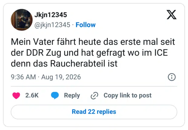 Mein Vater fährt heute das erste mal seit der DDR Zug und hat gefragt wo im ICE denn das Raucherabteil ist