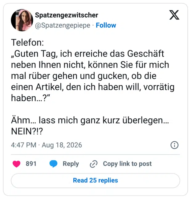 Telefon: „Guten Tag, ich erreiche das Geschäft neben Ihnen nicht, können Sie für mich mal rüber gehen und gucken, ob die einen Artikel, den ich haben will, vorrätig haben…?“ Ähm… lass mich ganz kurz überlegen… NEIN?!?