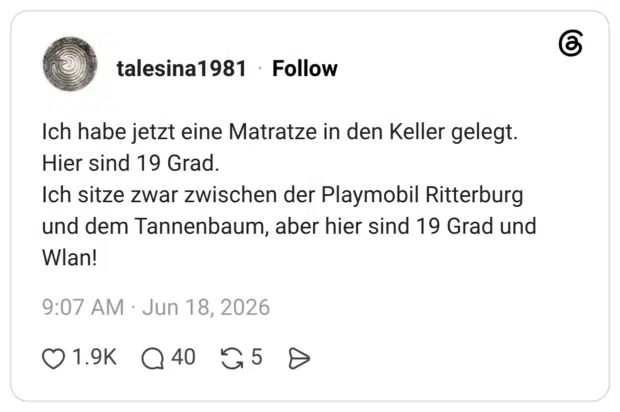 Ich habe jetzt eine Matratze in den Keller gelegt. Hier sind 19 Grad. Ich sitze zwar zwischen der Playmobil Ritterburg und dem Tannenbaum, aber hier sind 19 Grad und Wlan!