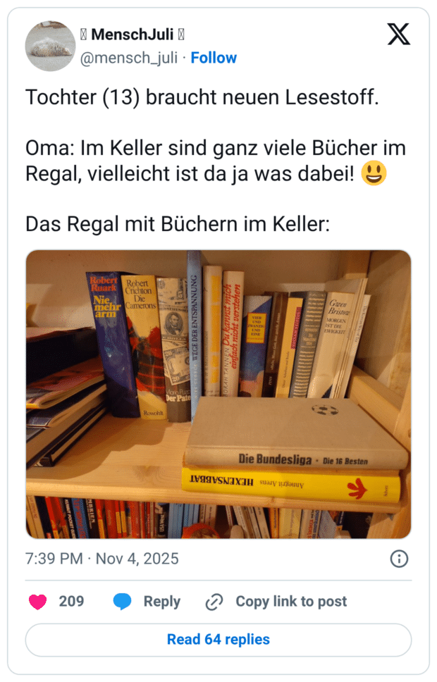 Tochter (13) braucht neuen Lesestoff. Oma: Im Keller sind ganz viele Bücher im Regal, vielleicht ist da ja was dabei! 😃 Das Regal mit Büchern im Keller: