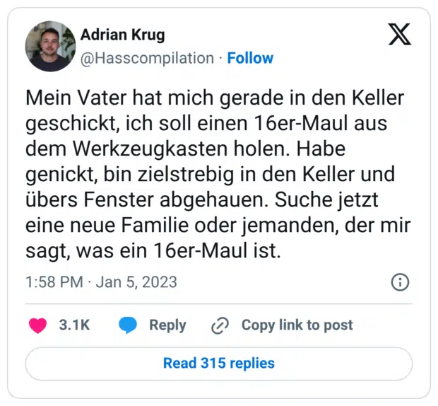 Mein Vater hat mich gerade in den Keller geschickt, ich soll einen 16er-Maul aus dem Werkzeugkasten holen. Habe genickt, bin zielstrebig in den Keller und übers Fenster abgehauen. Suche jetzt eine neue Familie oder jemanden, der mir sagt, was ein 16er-Maul ist.