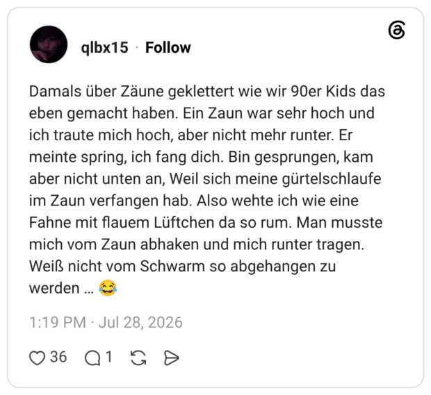 Damals über Zäune geklettert wie wir 90er Kids das eben gemacht haben. Ein Zaun war sehr hoch und ich traute mich hoch, aber nicht mehr runter. Er meinte spring, ich fang dich. Bin gesprungen, kam aber nicht unten an, Weil sich meine gürtelschlaufe im Zaun verfangen hab. Also wehte ich wie eine Fahne mit flauem Lüftchen da so rum. Man musste mich vom Zaun abhaken und mich runter tragen. Weiß nicht vom Schwarm so abgehangen zu werden … 😂