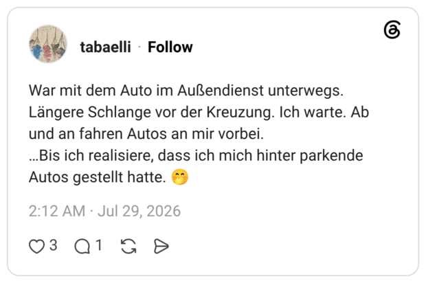 War mit dem Auto im Außendienst unterwegs. Längere Schlange vor der Kreuzung. Ich warte. Ab und an fahren Autos an mir vorbei. …Bis ich realisiere, dass ich mich hinter parkende Autos gestellt hatte. 🤭