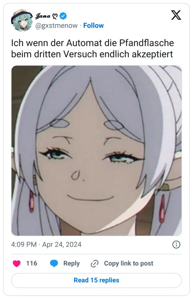 Ich wenn der Automat die Pfandflasche beim dritten Versuch endlich akzeptiert