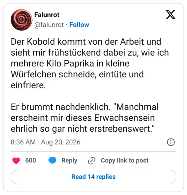 Der Kobold kommt von der Arbeit und sieht mir frühstückend dabei zu, wie ich mehrere Kilo Paprika in kleine Würfelchen schneide, eintüte und einfriere. Er brummt nachdenklich. "Manchmal erscheint mir dieses Erwachsensein ehrlich so gar nicht erstrebenswert."
