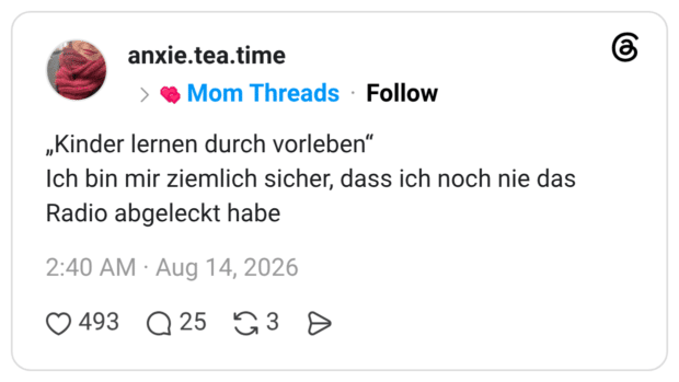 „Kinder lernen durch vorleben" Ich bin mir ziemlich sicher, dass ich noch nie das Radio abgeleckt habe