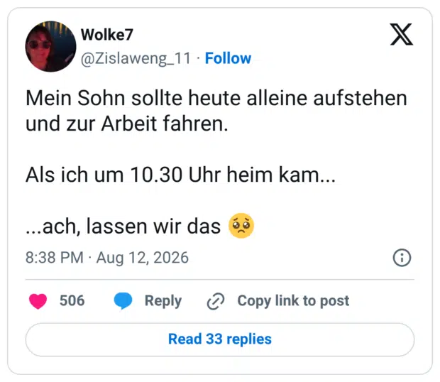 Mein Sohn sollte heute alleine aufstehen und zur Arbeit fahren. Als ich um 10.30 Uhr heim kam... ...ach, lassen wir das